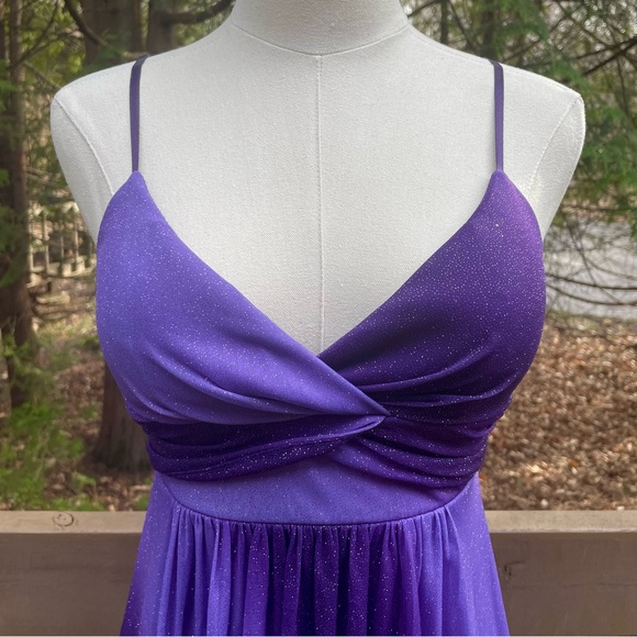 Purple Glitter Ruby Rox Mini Dress Lavender Ruched Spaghetti V-Neck Prom Dress - Picture 3 of 12